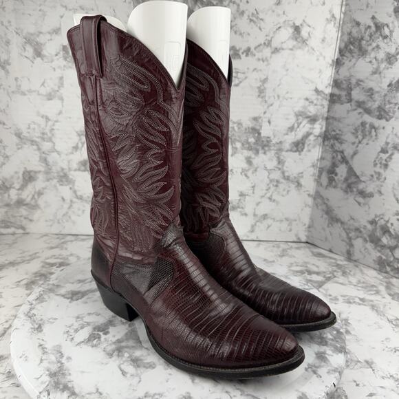 Justin Mens Black Cherry Exotic Lizard Cowboy Boot Size 10.5 Embroidered Leather - Picture 1 of 9